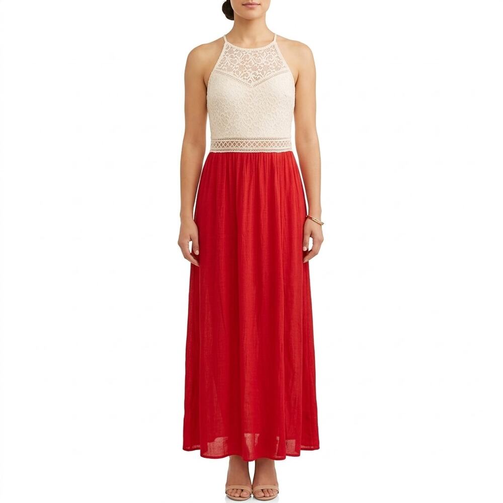 BCX Red Cream Lace Gauze Racerback Maxi Dress Party Formal Wedding Guest size 11